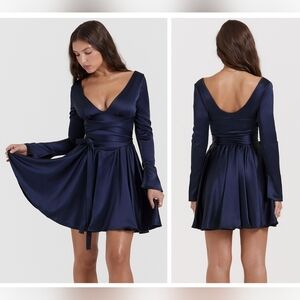 NWT House of CB Dominique Crossover Strap Plunge Spruce Blue Mini Dress Size S